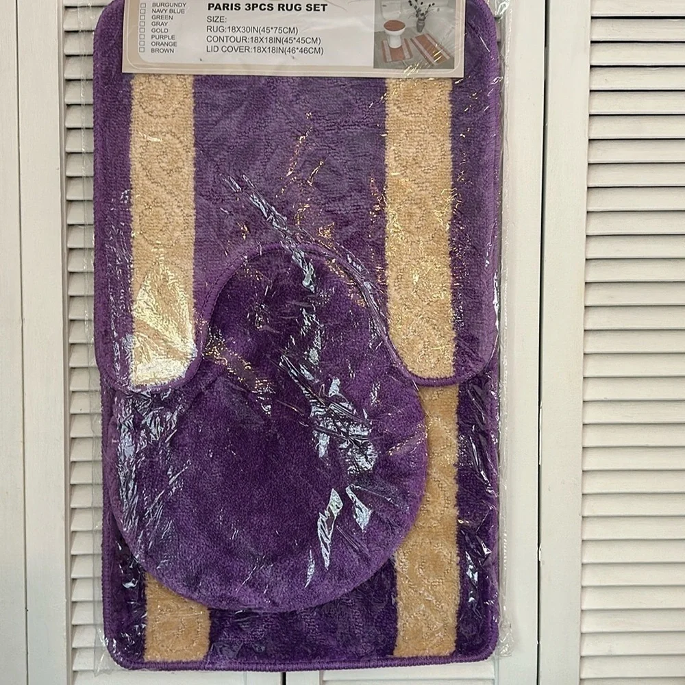 Purple 3pc Bathmat Set Non-Slip Absorbent mat and contour rugs, Toilet Lid Cover